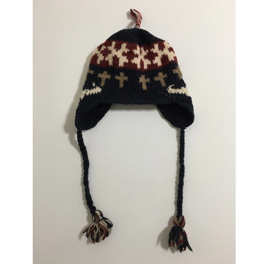 Unisex Navy Blue Multicolor Chullo 100% Wool Made in Nepal Winter hat Flap Ear